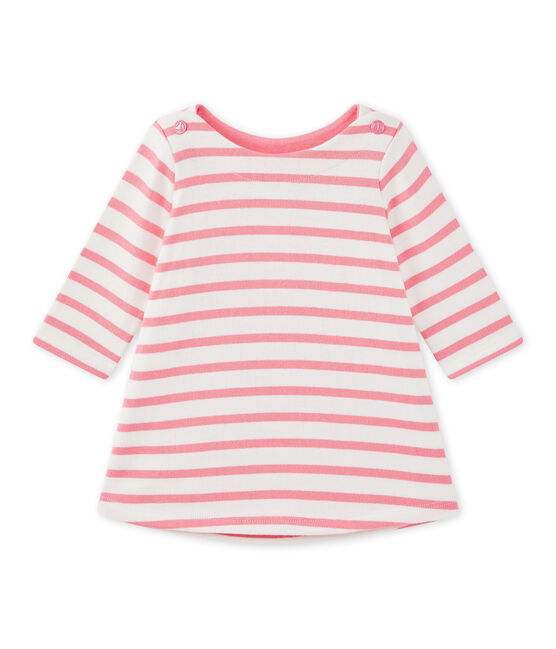 Gestreiftes Baby-Mädchen-Kleid weiss MARSHMALLOW/rosa PETAL