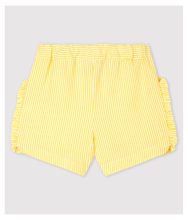 Gestreifte Baby-Shorts f&uuml;r M&auml;dchen aus Seersucker gelb/weiss