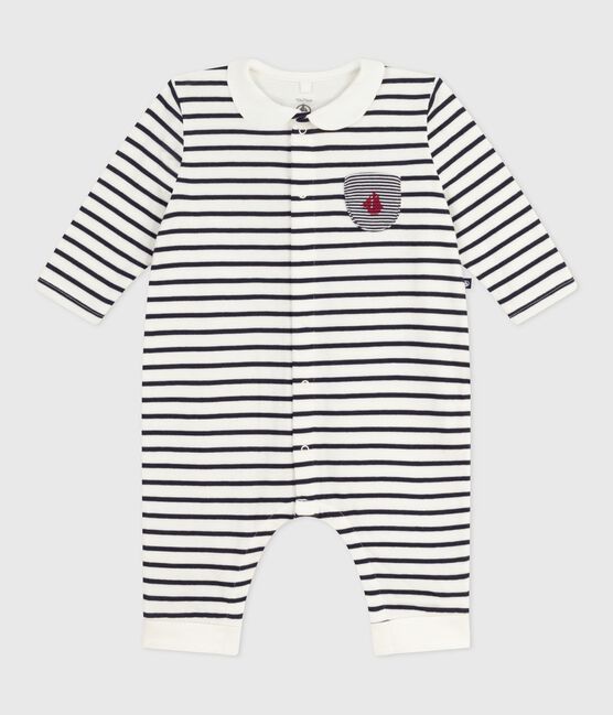 Baby-Overall mit Kragen aus Baumwolle und Matrosenstreifen weiss MARSHMALLOW/blau SMOKING