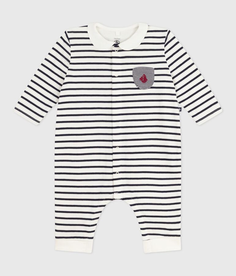 Baby-Overall mit Kragen aus Baumwolle und Matrosenstreifen weiss/blau