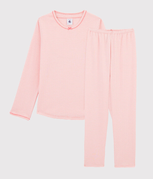 Kinderpyjama aus Rippstrick mit Ringelmuster f&uuml;r M&auml;dchen rosa/weiss