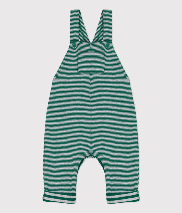 Lange Baby-Latzhose aus Doppeljersey mit Ringelstreifen gr&uuml;n/grau