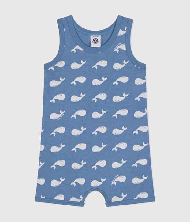 Baby-Kurzoverall aus Baumwolle mit Wal-Printmotiv blau/weiss