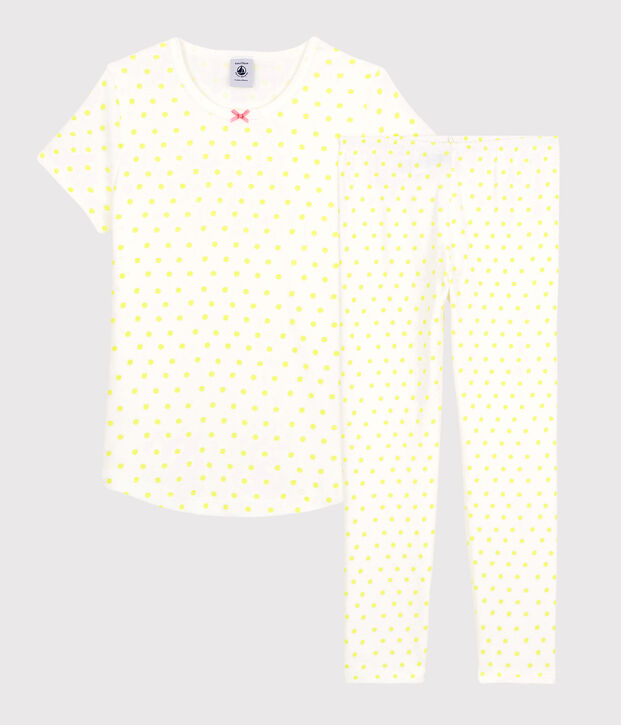 Kinderpyjama aus Baumwolle mit gelbem Polka-Dot-Muster f&uuml;r M&auml;dchen weiss/gelb