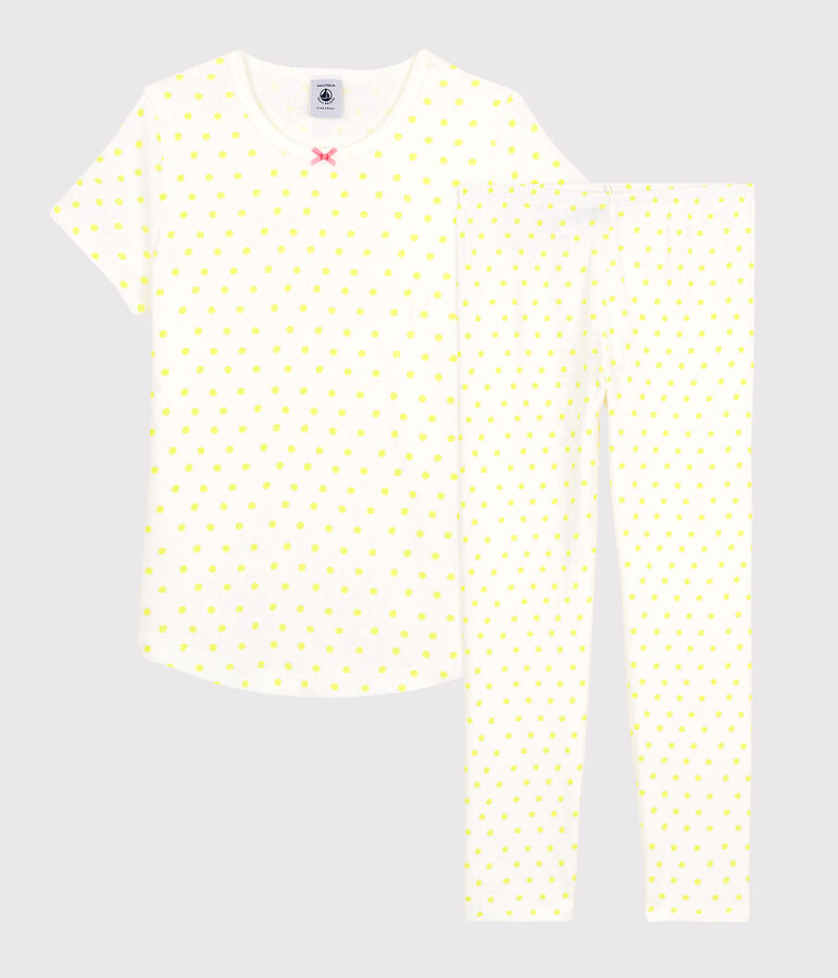 Kinderpyjama aus Baumwolle mit gelbem Polka-Dot-Muster f&uuml;r M&auml;dchen weiss MARSHMALLOW/ SUNNY