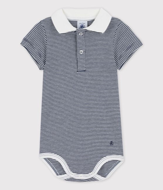 Baby-Body aus Bio-Baumwolle mit Ringelstreifen und Polokragen blau SMOKING/weiss MARSHMALLOW