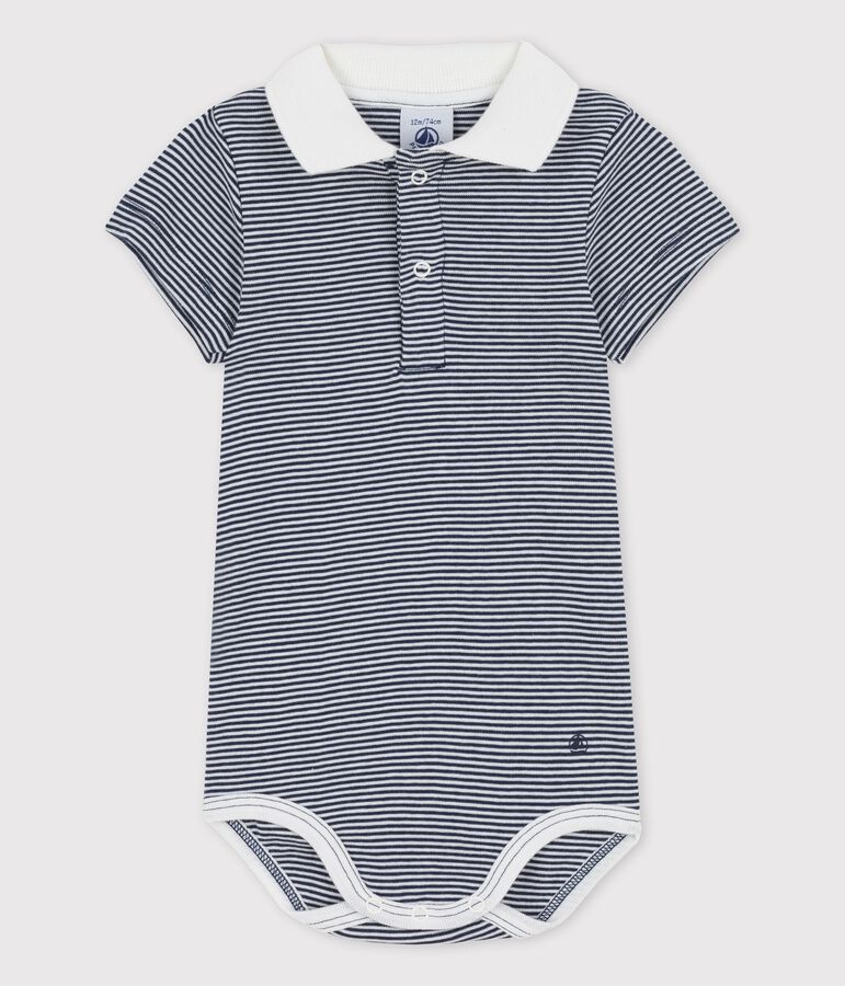 Baby-Body aus Bio-Baumwolle mit Ringelstreifen und Polokragen blau/weiss
