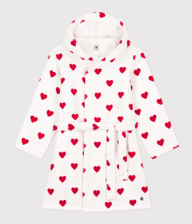 Bademantel aus Frottee mit Herzmotiv f&uuml;r kleine M&auml;dchen/kleine Jungen weiss/rot