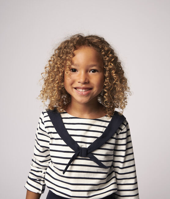 Langärmeliges Kinder-T-Shirt aus Jersey für Mädchen weiss MARSHMALLOW/blau SMOKING
