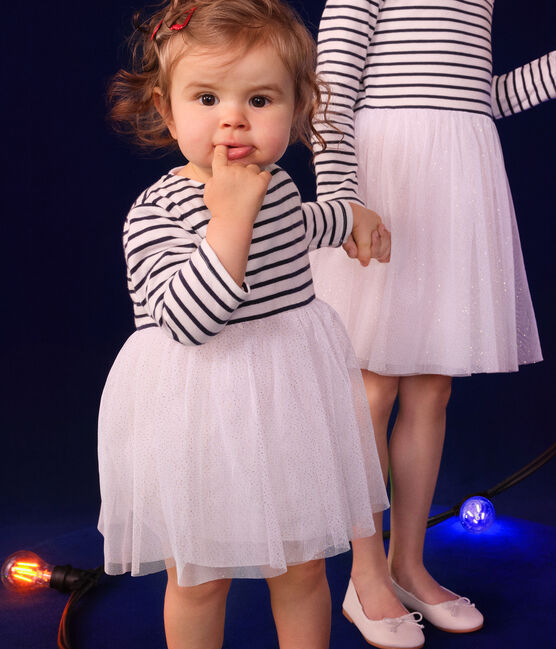 Gestreiftes Baby-Kleid aus Doppeljersey und Tüll weiss MARSHMALLOW/weiss MULTICO