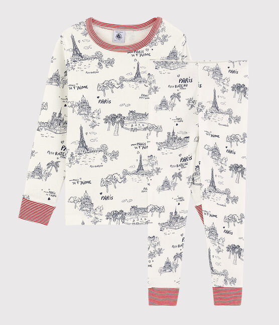 Pyjama aus Baumwolle mit Paris-Motiv im Toile-de-Jouy-Stil für Jungen weiss MARSHMALLOW/blau MEDIEVAL