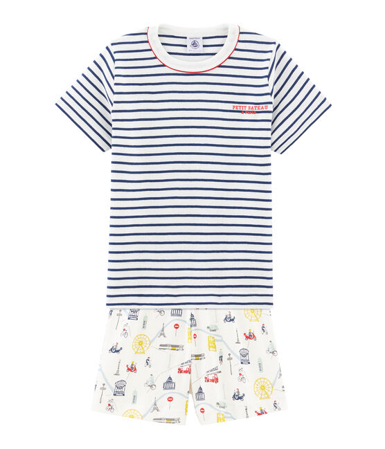 Rippstrick-Kurzpyjama für kleine Jungen weiss MARSHMALLOW/weiss MULTICO