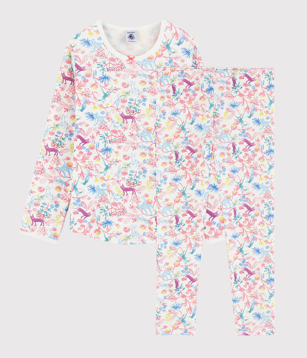 Kinderpyjama aus Baumwolle mit Dschungelmotiv f&uuml;r M&auml;dchen weiss/vielfarbig