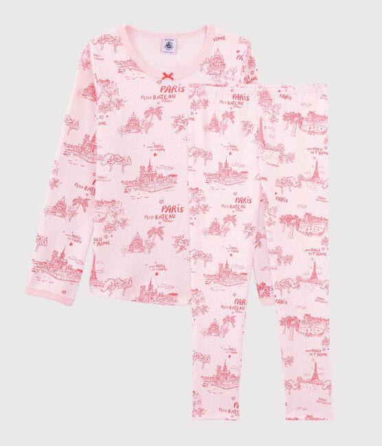 Kinder-Kurzpyjama aus Baumwolle mit Paris-Motiv im Toile-de-Jouy-Stil für Mädchen rosa FLEUR/rosa GROSEILLER