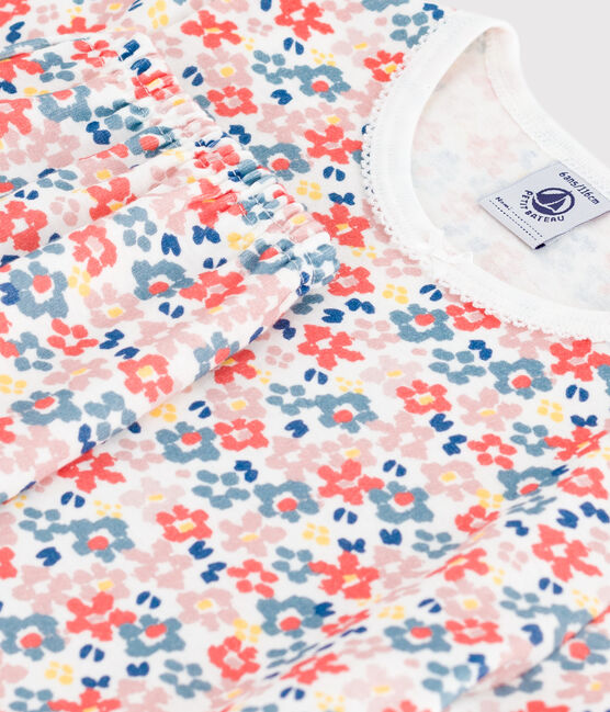 Kurzärmeliger Kinder-Pyjama mit langen Beinen aus bedruckter Baumwolle weiss MARSHMALLOW/weiss MULTICO