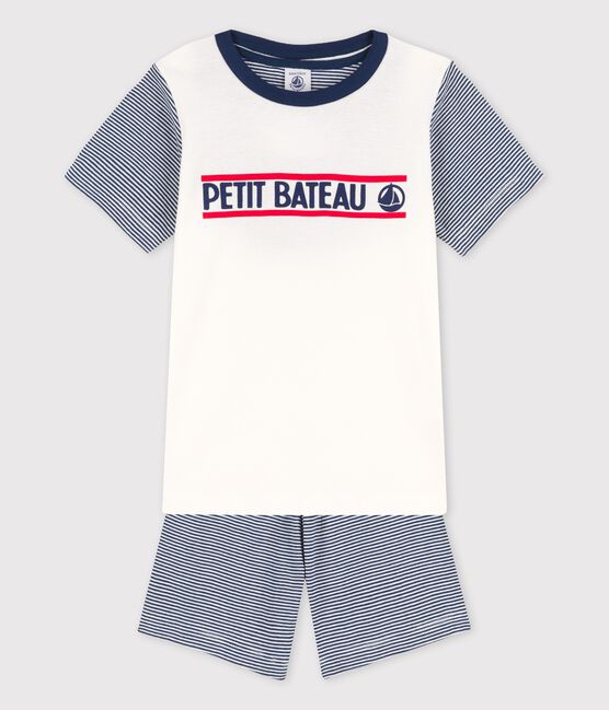 Kinder-Kurzpyjama aus Baumwolle mit blauen Ringelstreifen für Jungen weiss MARSHMALLOW/blau MEDIEVAL