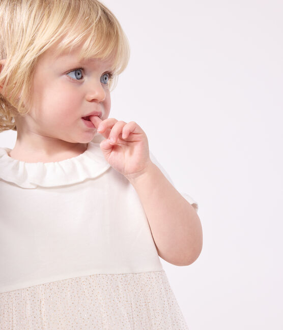 Kurzärmeliges Baby-Kleid aus Baumwolle und Tüll mit Halskrause weiss MARSHMALLOW/rosa COPPER