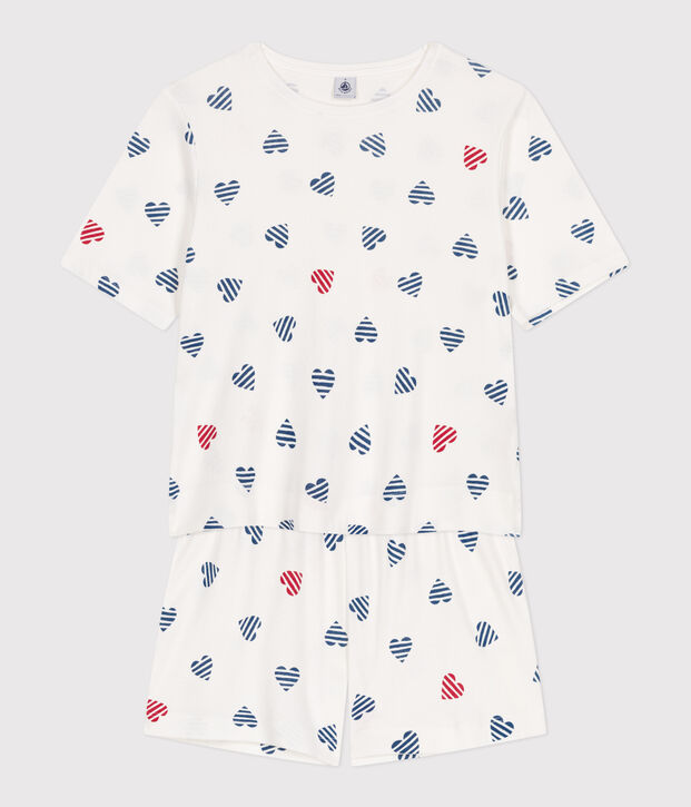Damen-Kurzpyjama aus Baumwolle mit Herzmotiv weiss/vielfarbig