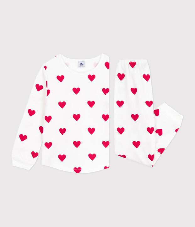 Kinder-Pyjama aus Molton mit Herzmotiv weiss/rot