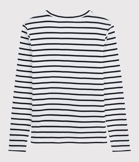 Klassisches Damen-T-Shirt mit V-Ausschnitt aus gestreifter Baumwolle weiss MARSHMALLOW/blau SMOKING