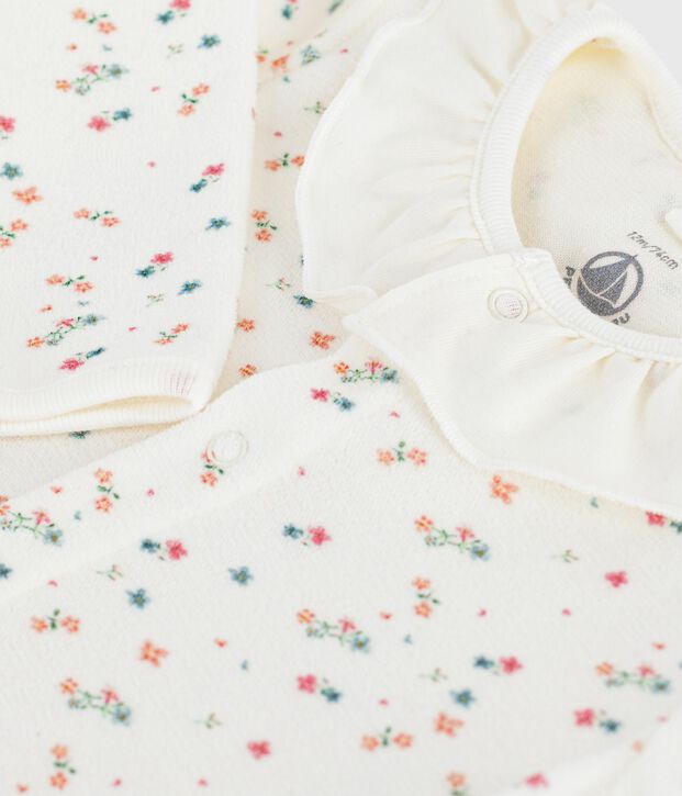 Strampler mit Kragen aus gebl&uuml;mtem Nicki weiss/vielfarbig