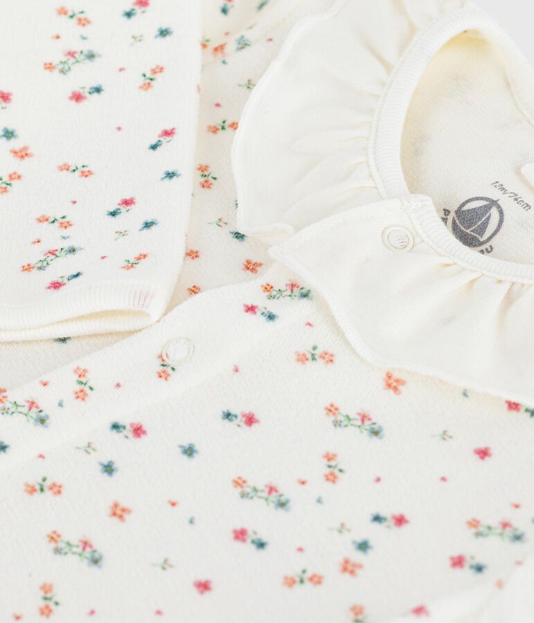 Strampler mit Kragen aus gebl&uuml;mtem Nicki weiss/vielfarbig