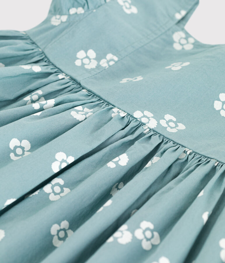 &Auml;rmelloses langes Kinder-Kleid aus Baumwolle mit Blumenmuster gr&uuml;n/weiss