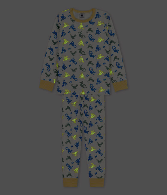 Kinderpyjama aus Baumwolle mit phosphoreszierenden Affen für Jungen weiss MARSHMALLOW/weiss MULTICO