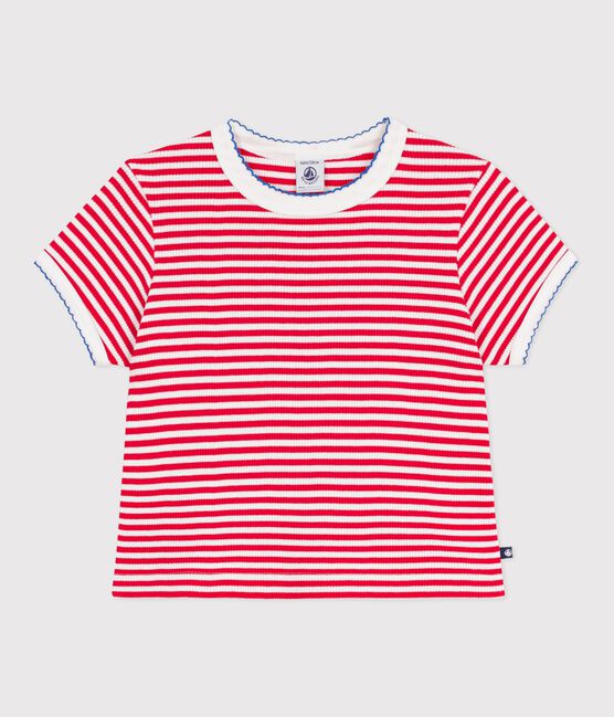Kurzärmeliges Kinder-T-Shirt aus Baumwolle mit Streifen rot POMPIER/ MARSHMALLOW