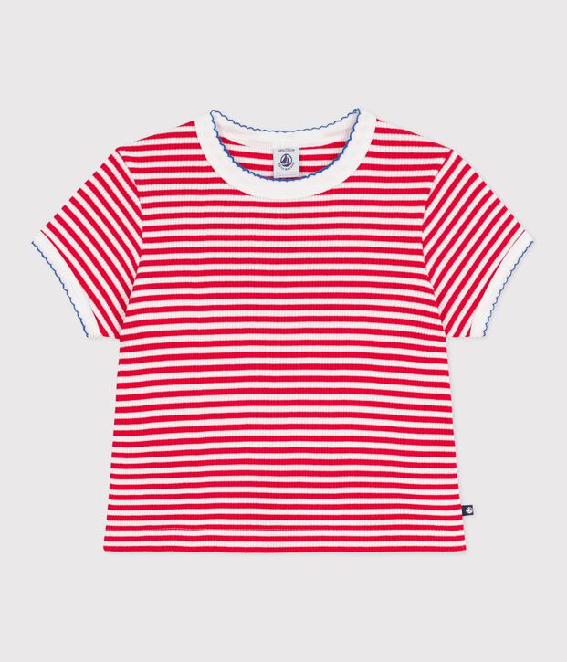 Kurz&auml;rmeliges Kinder-T-Shirt aus Baumwolle mit Streifen rot/weiss
