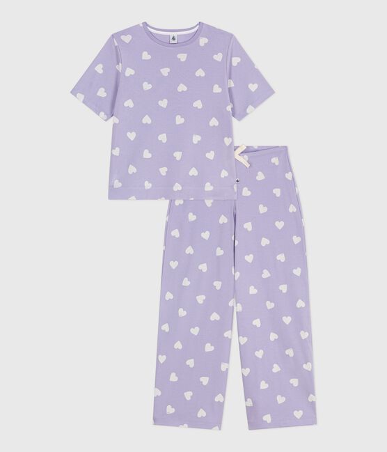 Kurzärmeliger Damen-Pyjama mit weitem Bein aus Baumwolle Herz-Motiv weiss SQUAW/ MARSHMALLOW