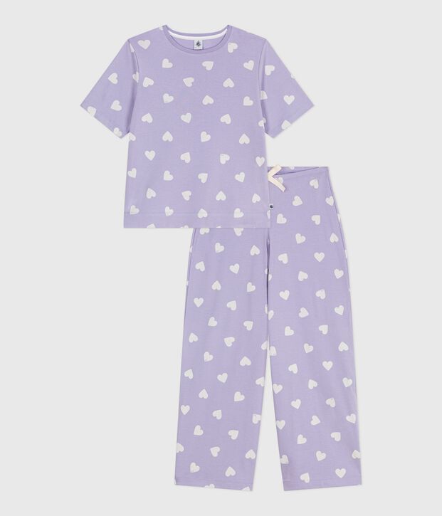 Kurz&auml;rmeliger Damen-Pyjama mit weitem Bein aus Baumwolle mit Herz-Motiv violett/weiss