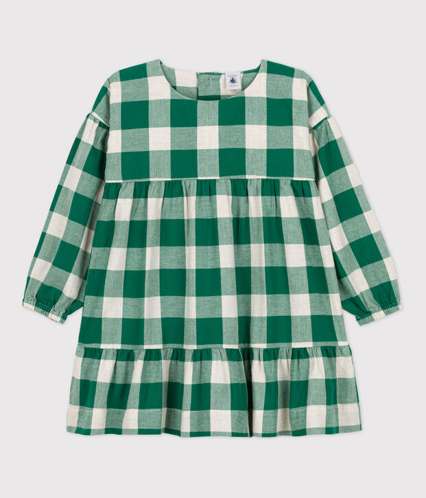 Kariertes Kinderkleid aus Flanell f&uuml;r M&auml;dchen MATCHA/naturfarben