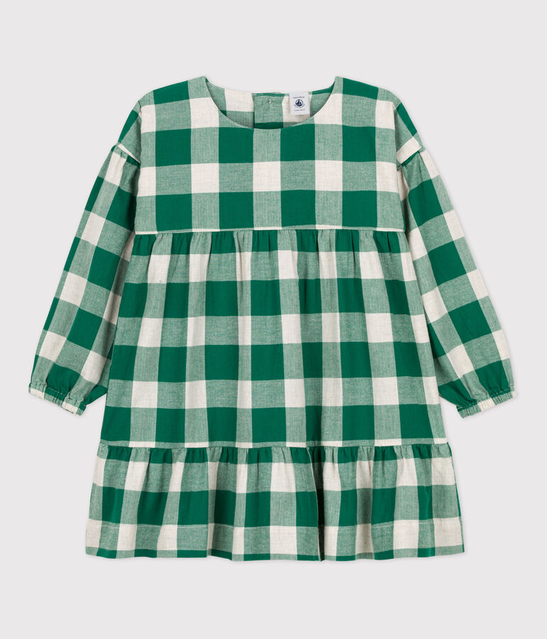 Kariertes Kinderkleid aus Flanell f&uuml;r M&auml;dchen MATCHA/naturfarben