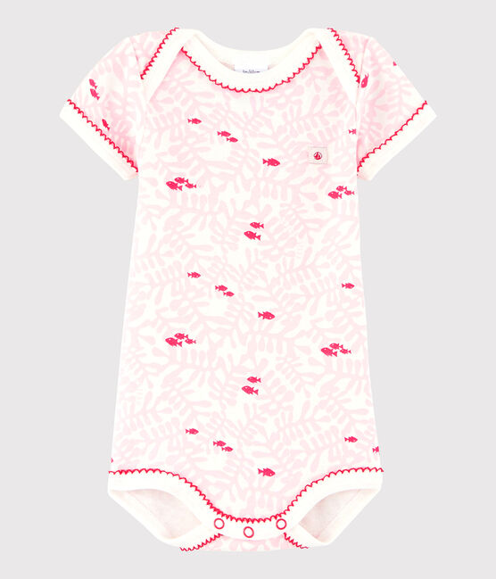 Kurzärmeliger Baby-Body Mädchen weiss MARSHMALLOW/weiss MULTICO