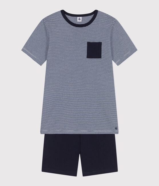 Kinder-Kurzpyjama aus Baumwolle mit Streifen blau MEDIEVAL/weiss MULTICO