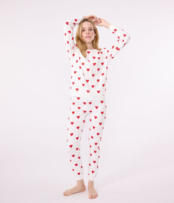 Damenpyjama aus Baumwolle, mit Herzchen weiss MARSHMALLOW/rot TERKUIT