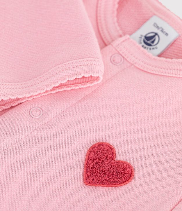 Baby-Cardigan aus einfarbiger Baumwolle mit Herzaufn&auml;her rosa