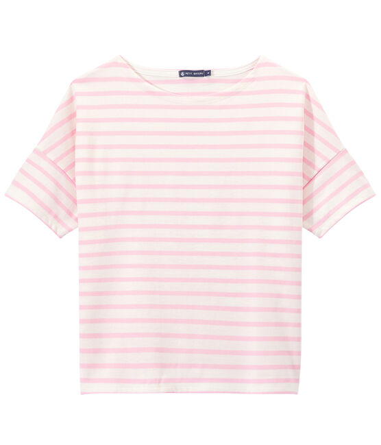 Kurzärmeliges Damen-Streifenshirt aus Jersey weiss MARSHMALLOW/rosa BABYLONE