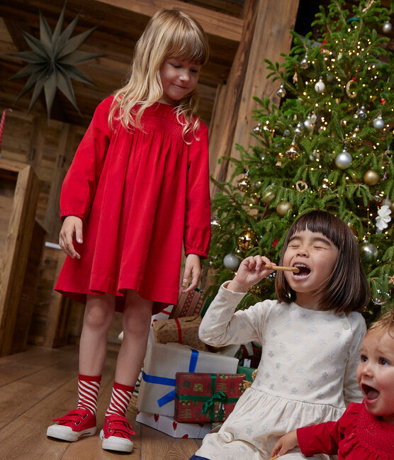 Langärmeliges Kinderkleid aus Cord für Mädchen rot CORRIDA