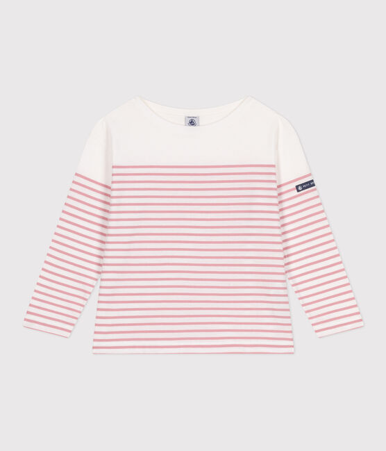 Langärmeliges Kinder-T-Shirt "Marinière" aus Baumwolle weiss MARSHMALLOW/rosa CHARME