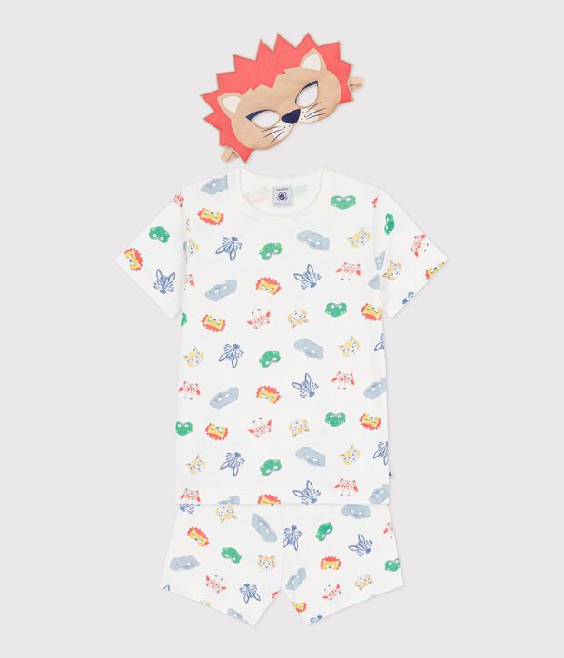Kinder-Kurzpyjama zum Verkleiden aus Baumwolle mit Tiergesichtern weiss/vielfarbig