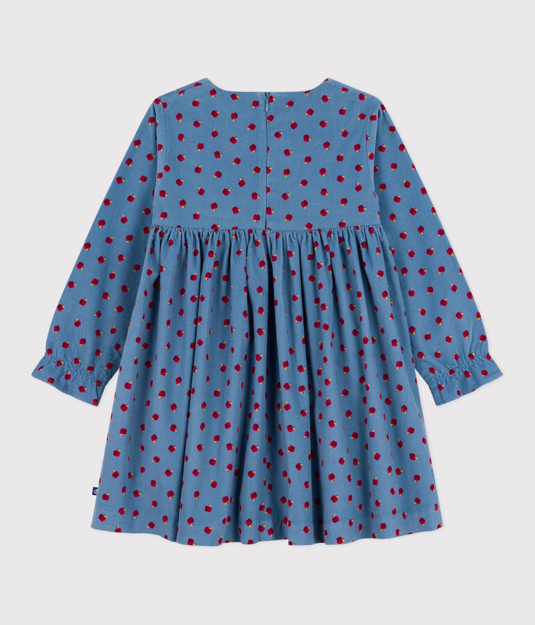 Lang&auml;rmeliges Kinder-Kleid aus bedrucktem Fein-Cord. blau/vielfarbig