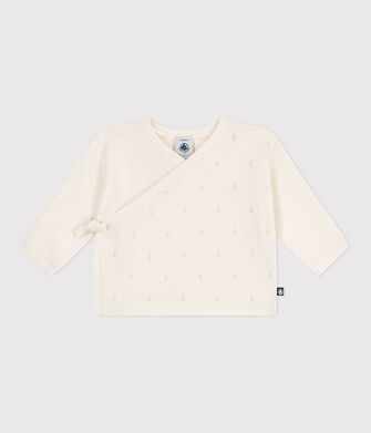 Baby-Wickeljacke aus Woll- und Baumwollstrick mit Lochmuster