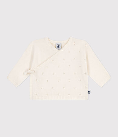 Baby-Wickeljacke aus Woll- und Baumwollstrick mit Lochmuster