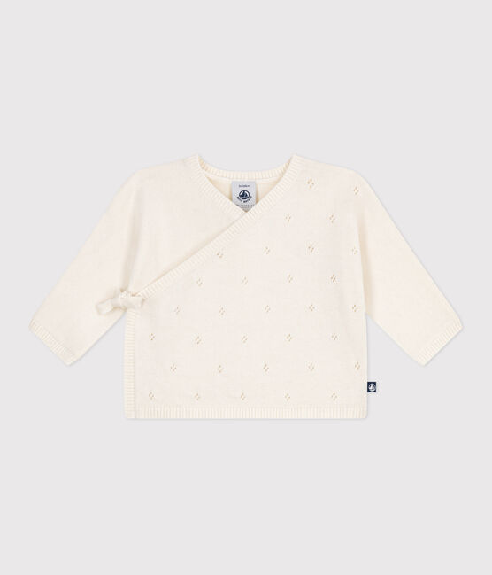 Baby-Wickeljacke aus Woll- und Baumwollstrick mit Lochmuster weiss MARSHMALLOW