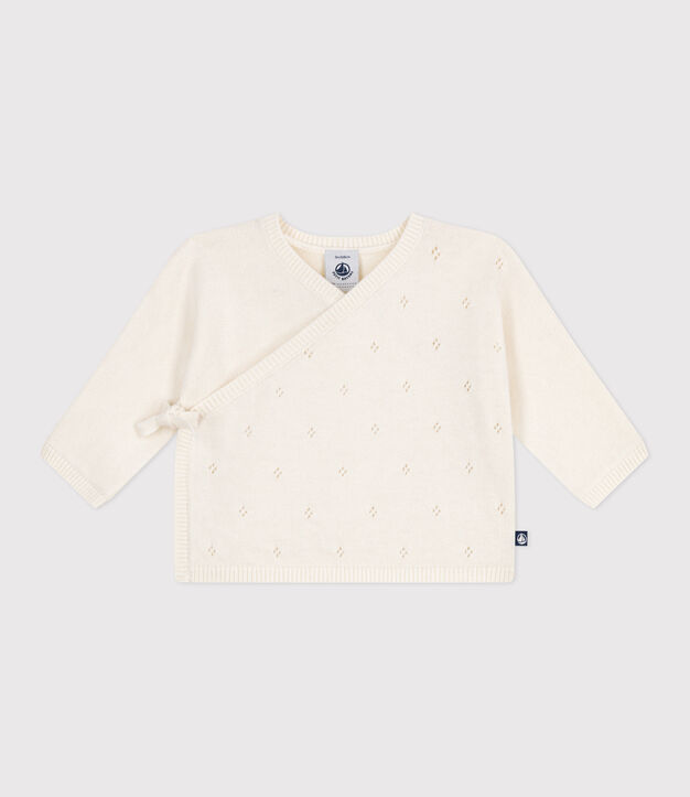 Baby-Wickeljacke aus Woll- und Baumwollstrick mit Lochmuster weiss