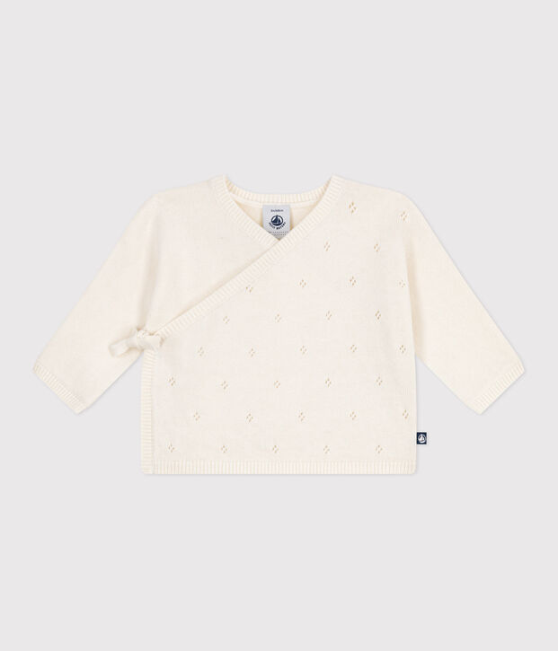 Baby-Wickeljacke aus Woll- und Baumwollstrick mit Lochmuster weiss