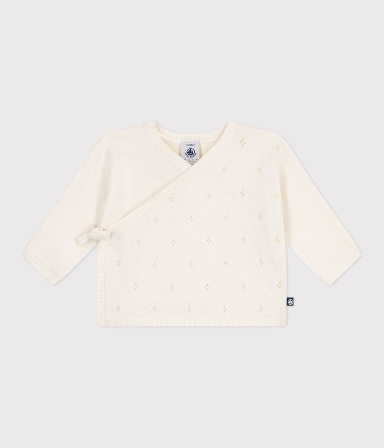 Baby-Wickeljacke aus Woll- und Baumwollstrick mit Lochmuster weiss