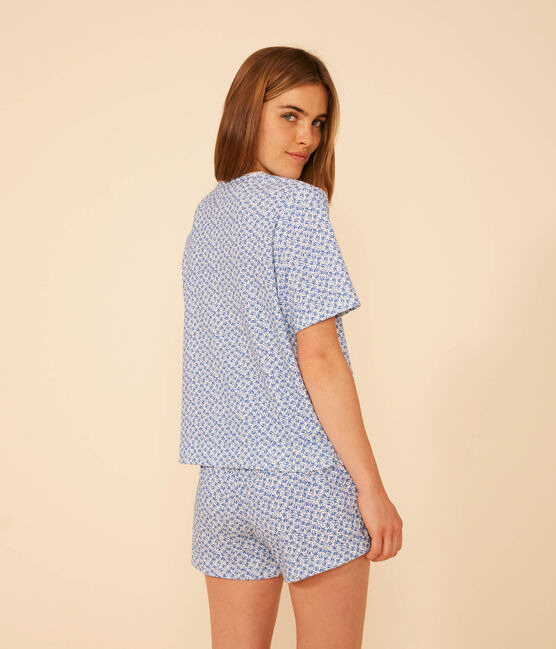 Damen-Pyjama, Shorts und T-Shirt aus Baumwolle mit Blumenmuster blau MARSHMALLOW/ INCOGNITO